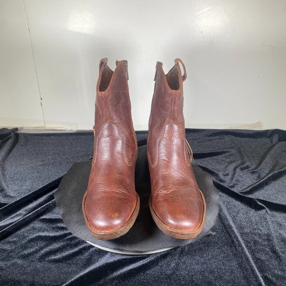 Born Women's 7 Brown Leather Ankle Boots with Braided Fringe in Very Good Condit